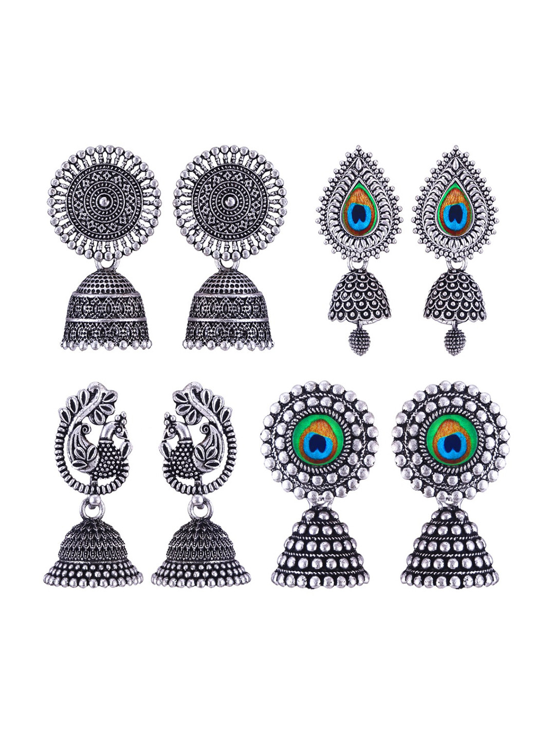 

MEENAZ Set Of 4 Silver-Plated Stainless Steel Oxidised Contemporary Jhumkas