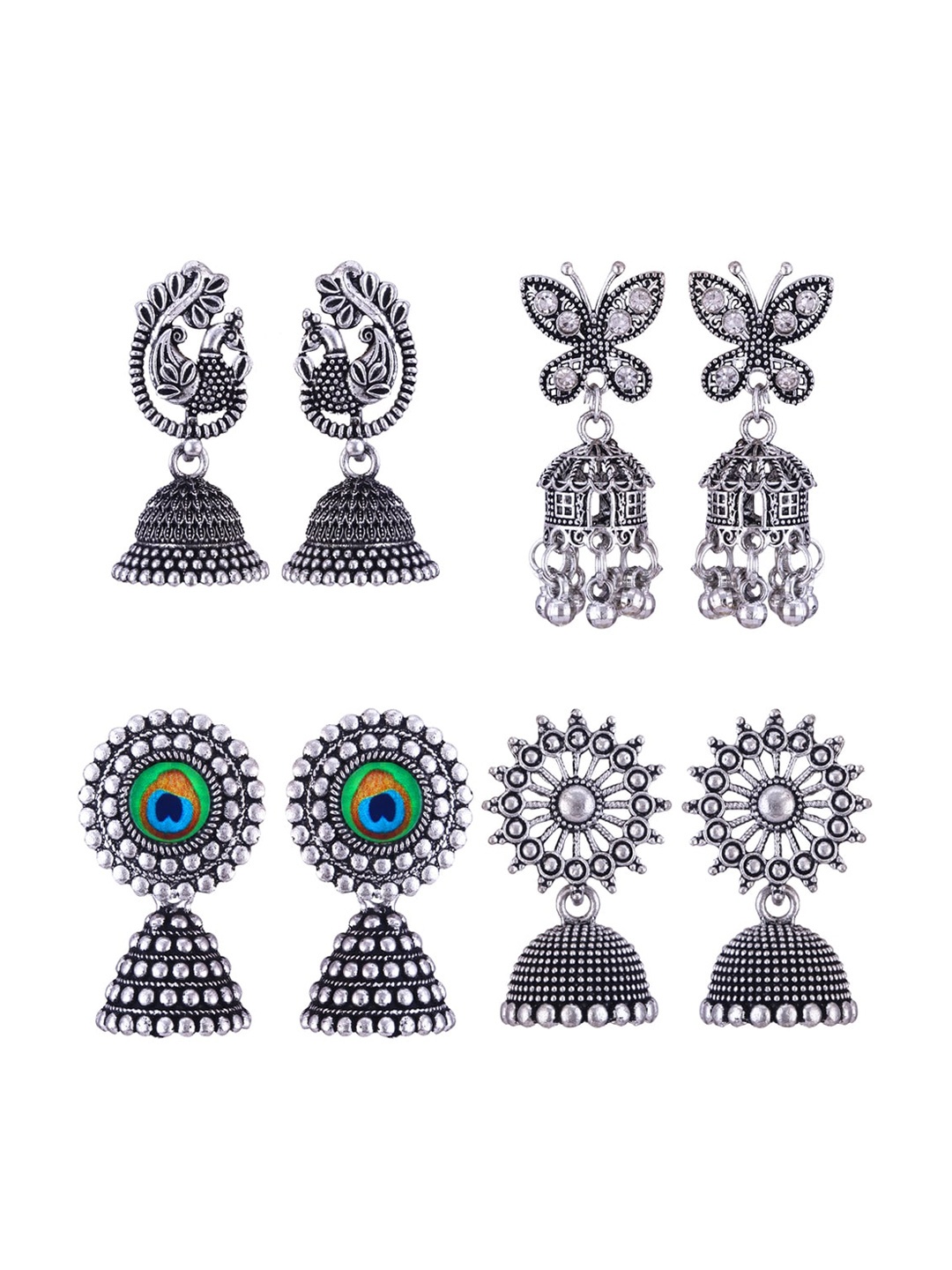 

MEENAZ Set Of 4 Silver-Plated Stainless Steel Oxidised Contemporary Jhumkas