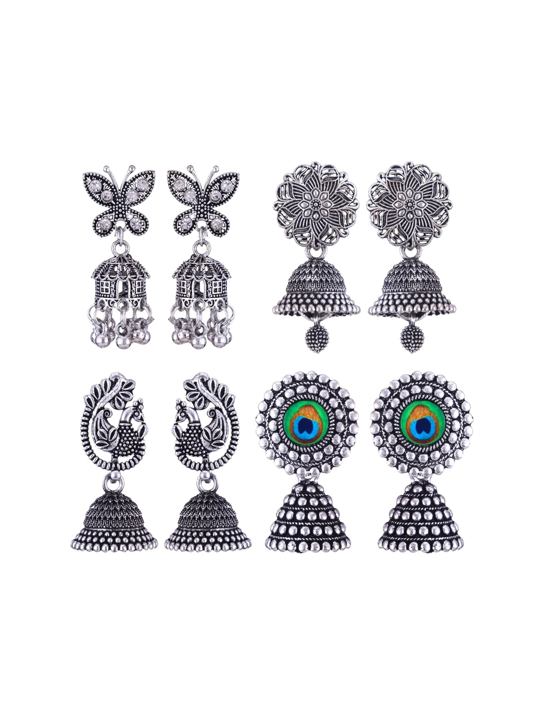 

MEENAZ Set Of 4 Silver-Plated Stainless Steel Oxidised Contemporary Jhumkas
