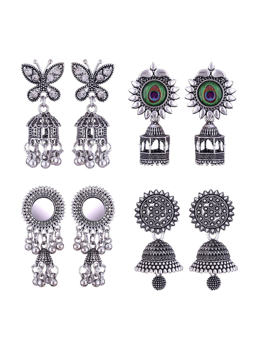 

MEENAZ Set Of 4 Stainless Steel Silver Plated Artificial Stones and Beads Studded Earrings