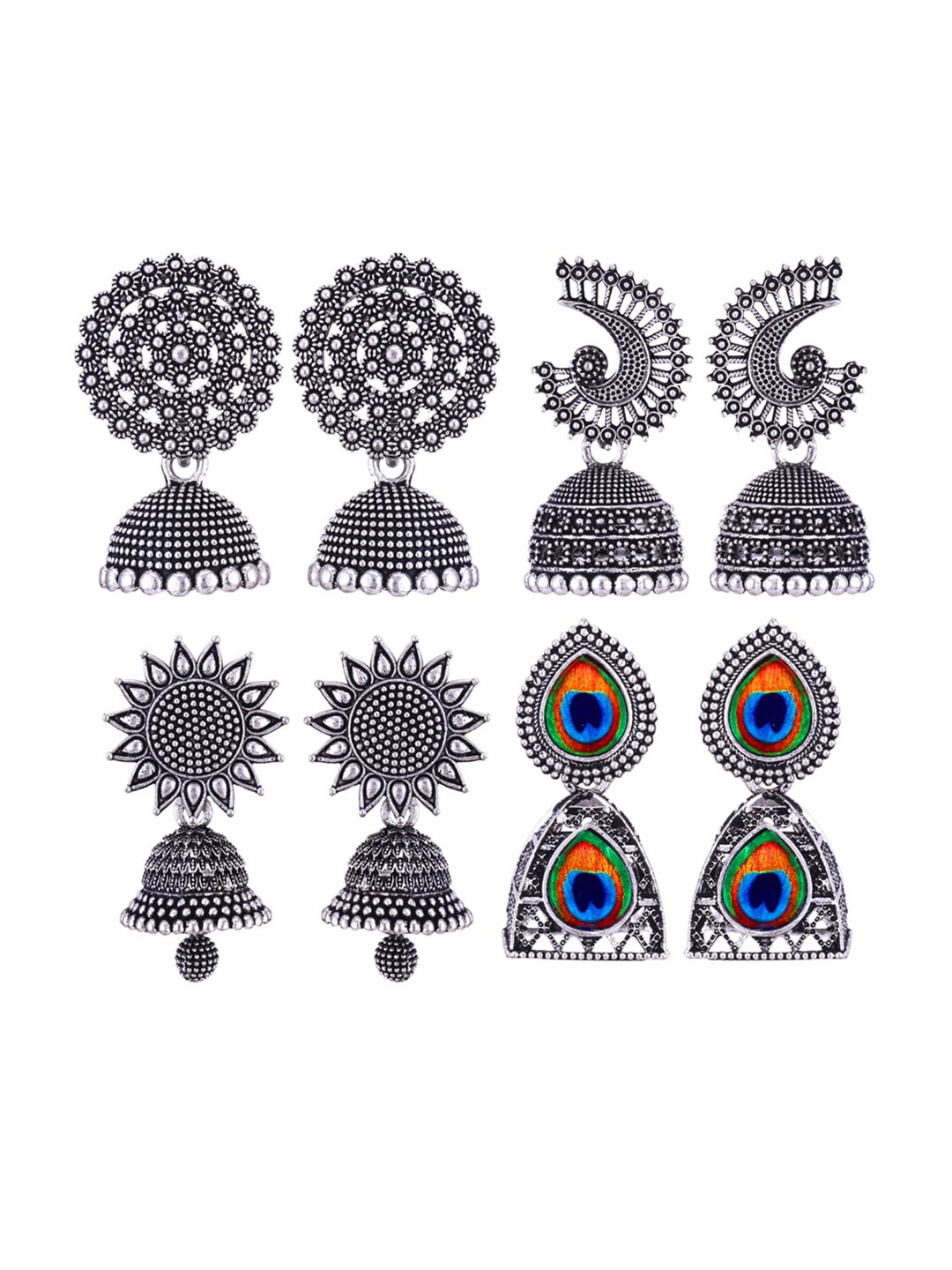 

MEENAZ Set Of 4 Stainless Steel Silver Plated Artificial Stones and Beads Studded Earrings