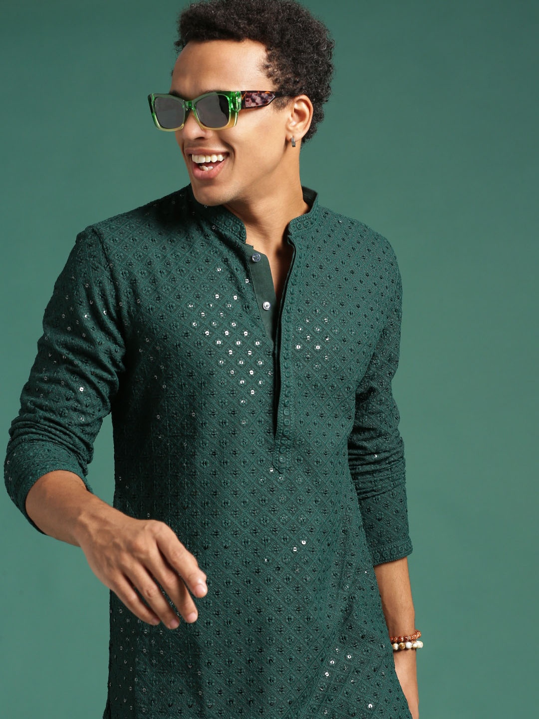 

Sangria Embellished Mandarin Collar Chikankari Kurtas, Green