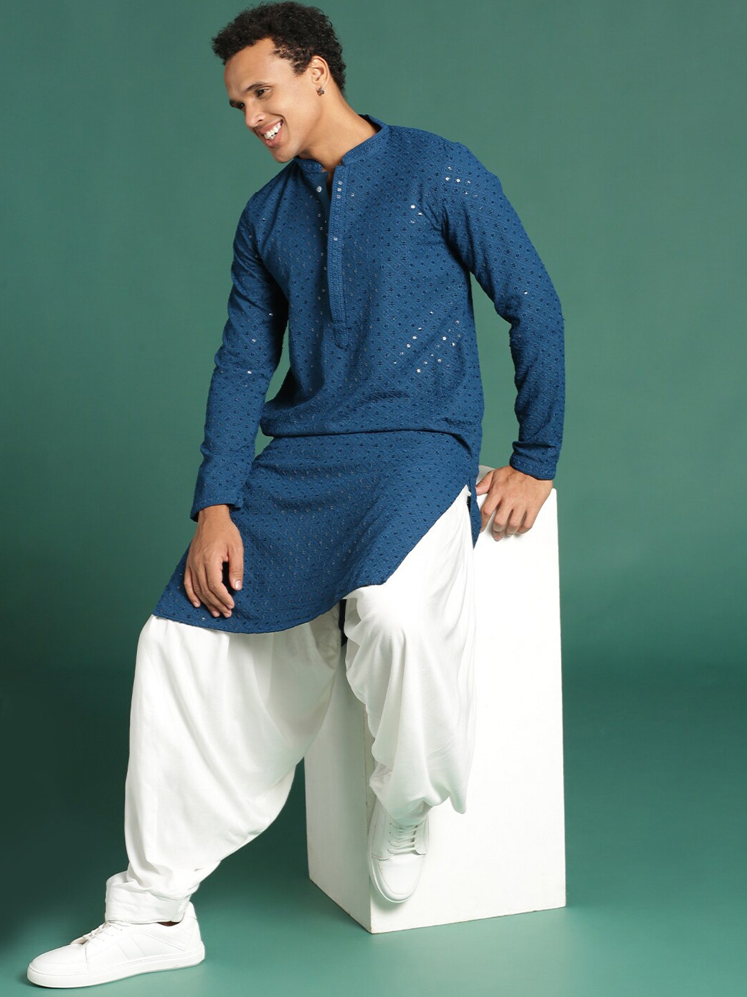 

Sangria Embellished Chikankari Design Cotton Knee-Length Kurtas, Blue