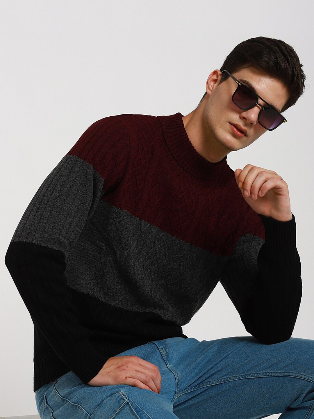 

Dennis Lingo Colourblocked Turtle Neck Pure Acrylic Pullover, Maroon