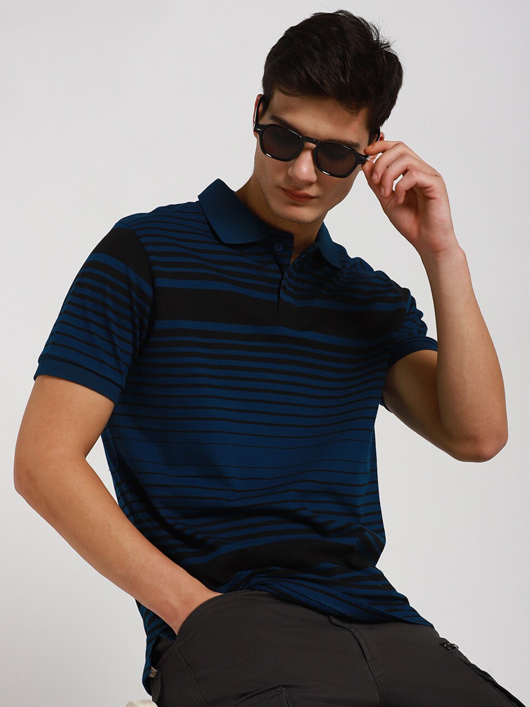 

Dennis Lingo Striped Polo Collar Pure Cotton T-shirt, Blue