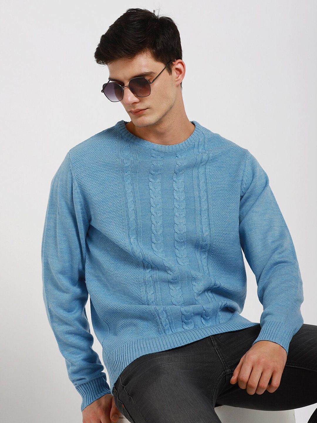 

Dennis Lingo Cable Knit Round Neck Pure Acrylic Pullover, Blue