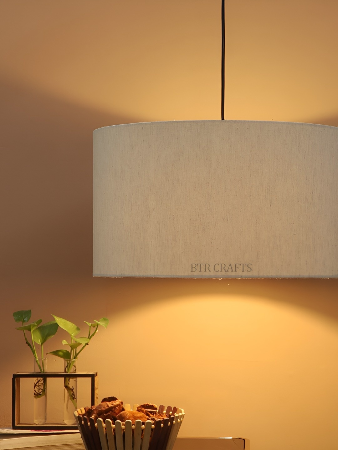 

BTR CRAFTS Off White and Black Hanging Drum Shade Canopy Ceiling Lamp