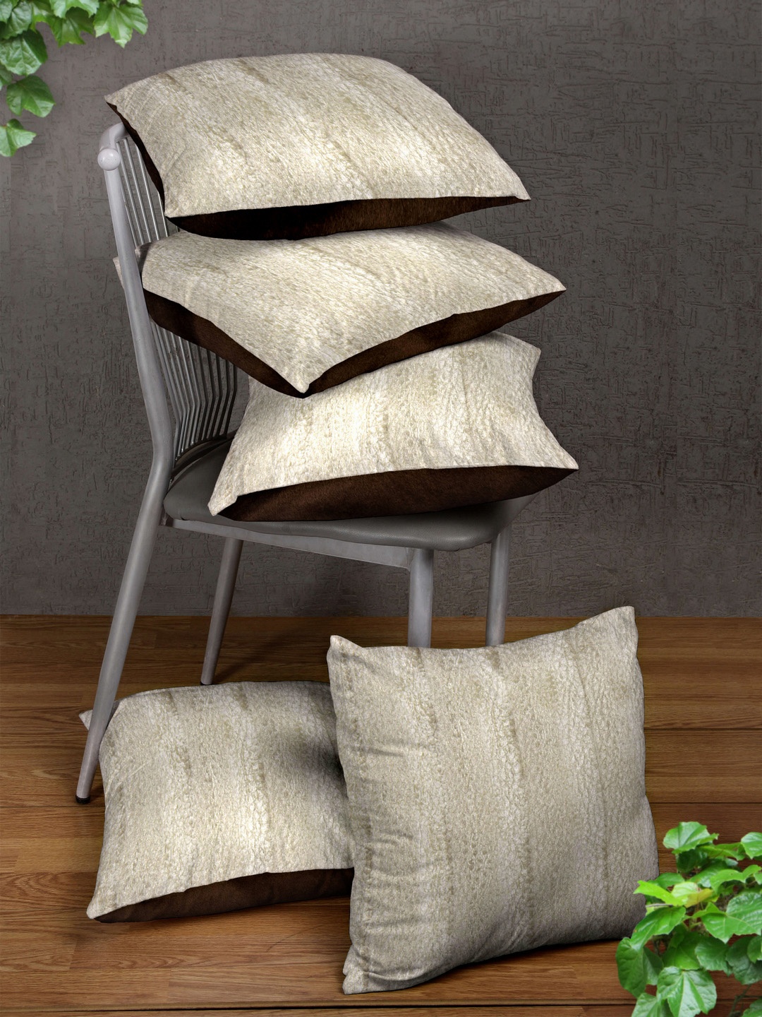 

HOUZZCODE Cream-Coloured Set of 5 Solid Square Cushion Covers