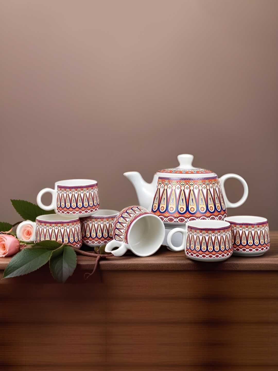 

MITHILA Handicrafts 7 Pieces Royal Theme Printed Ceramic Cups & Kettle, Red