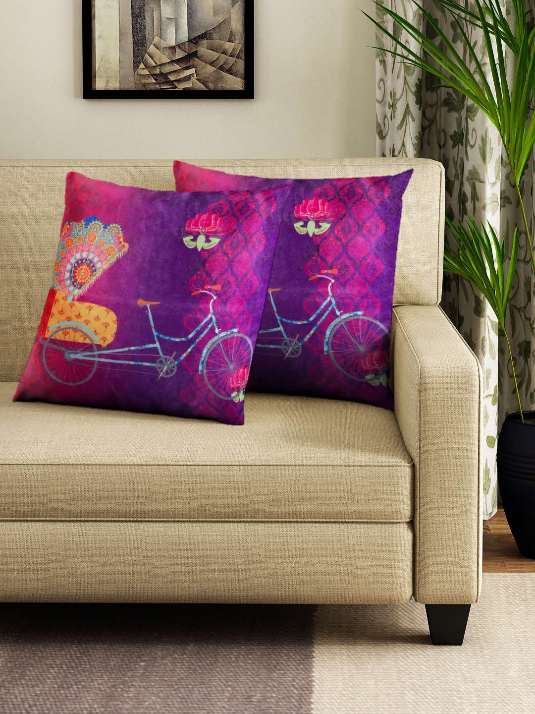 

HOUZZCODE Purple Set of 2 Printed Square Cushion Covers