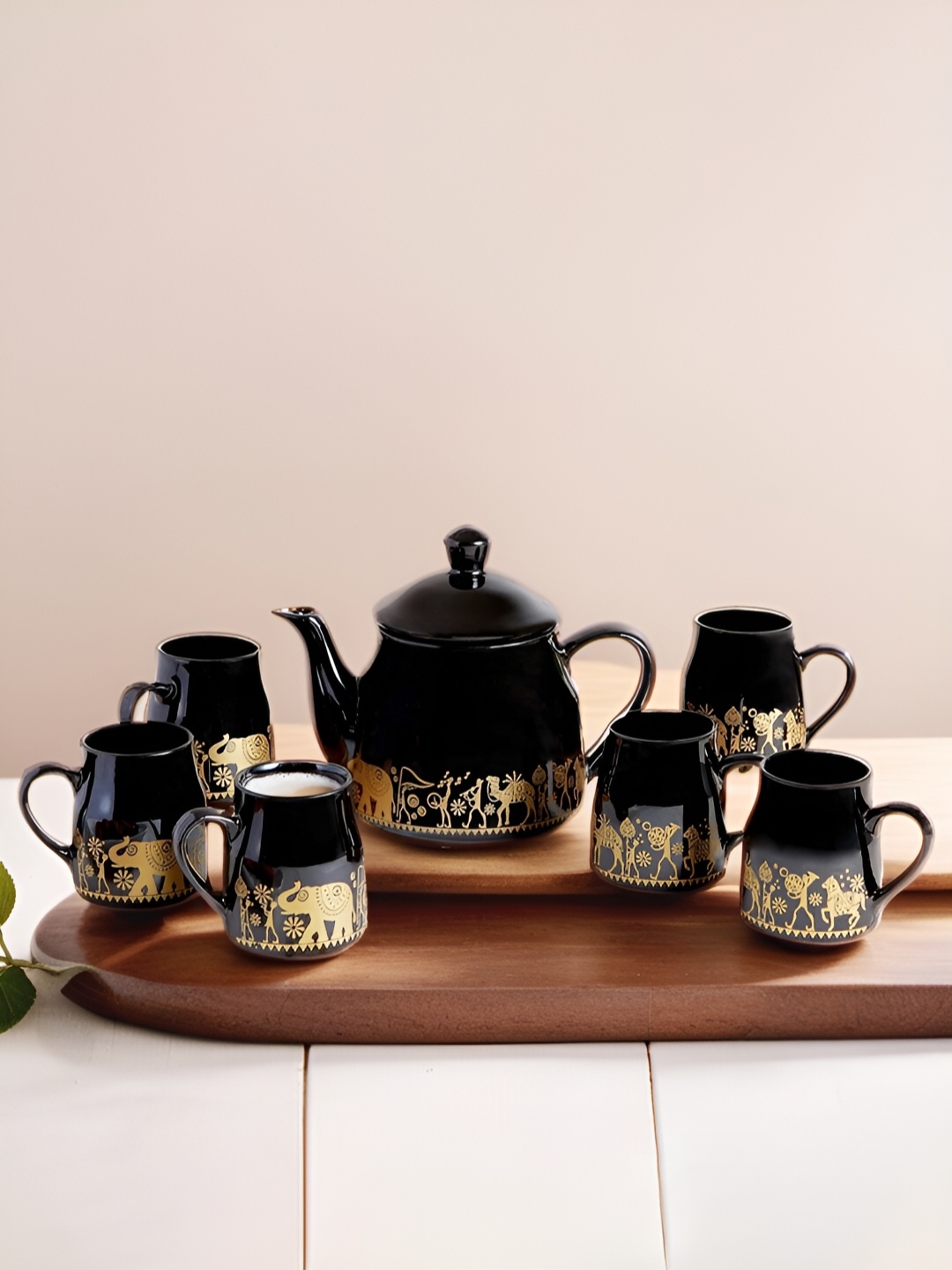 

MITHILA Handicrafts Black & Gold Toned 7 Pieces Printed Ceramic Matte Kettle Set