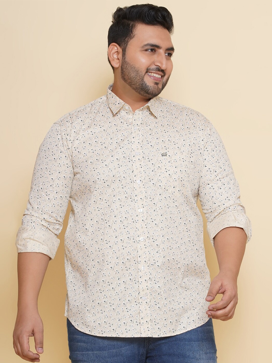 

John Pride Plus Size Floral Printed Pure Cotton Shirt, Beige
