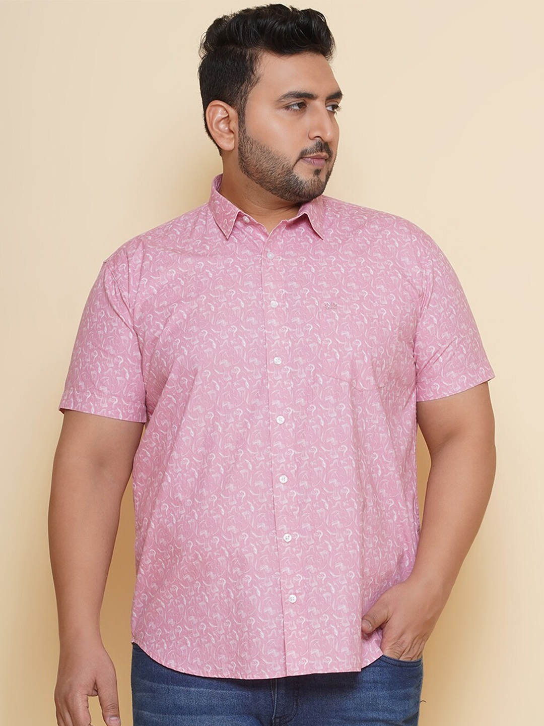 

John Pride Plus Size Abstract Printed Pure Cotton Casual Shirt, Pink