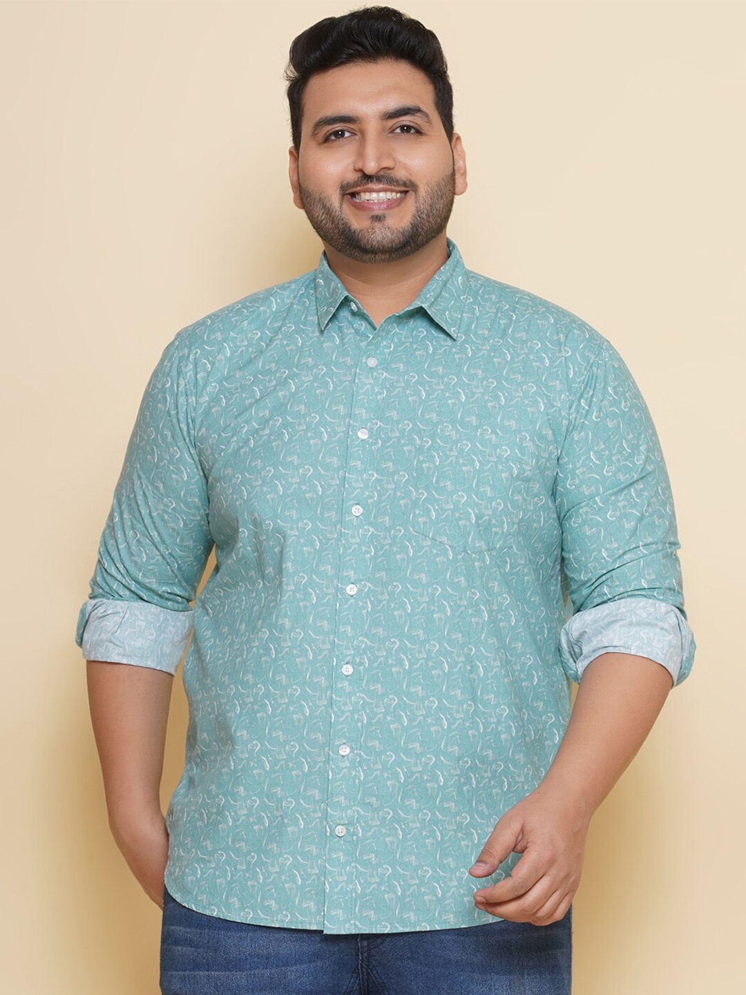 

John Pride Plus Size Abstract Printed Pure Cotton Casual Shirt, Turquoise blue