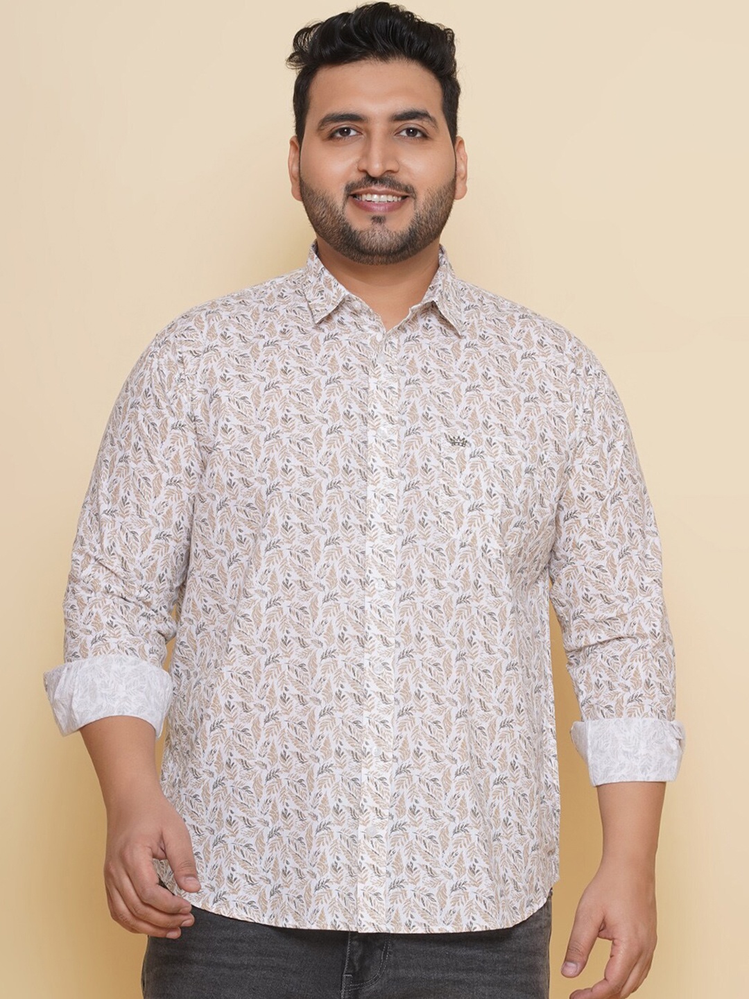 

John Pride Plus Size Floral Printed Pure Cotton Shirt, Beige