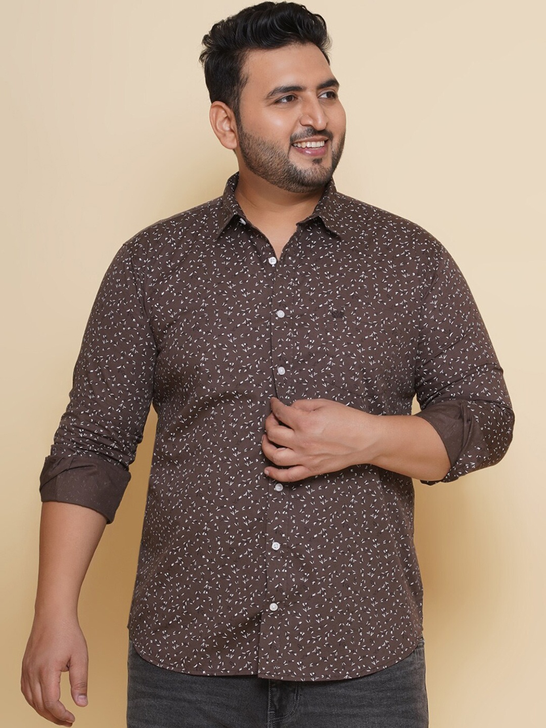 

John Pride Plus Size Floral Printed Cotton Casual Shirt, Brown