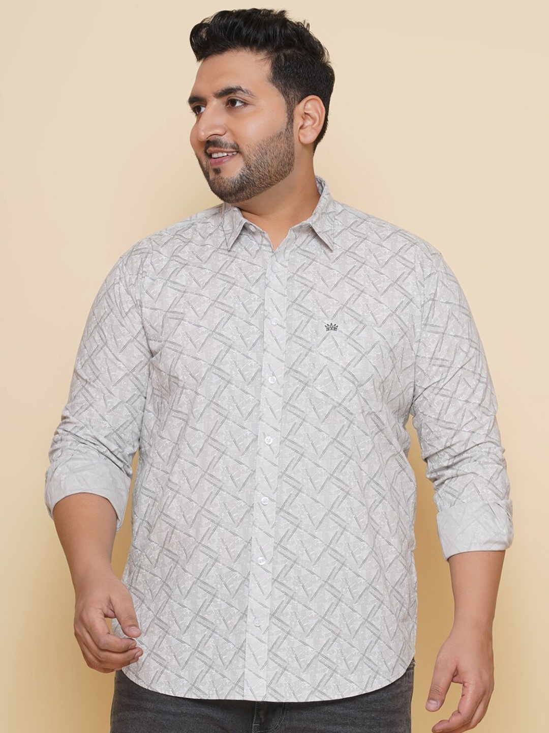 

John Pride Plus Size Geometric Printed Cotton Casual Shirt, Grey