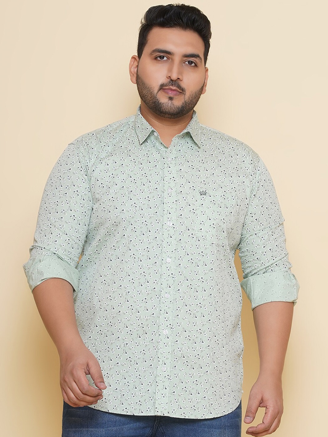 

John Pride Plus Size Floral Printed Cotton Casual Shirt, Green