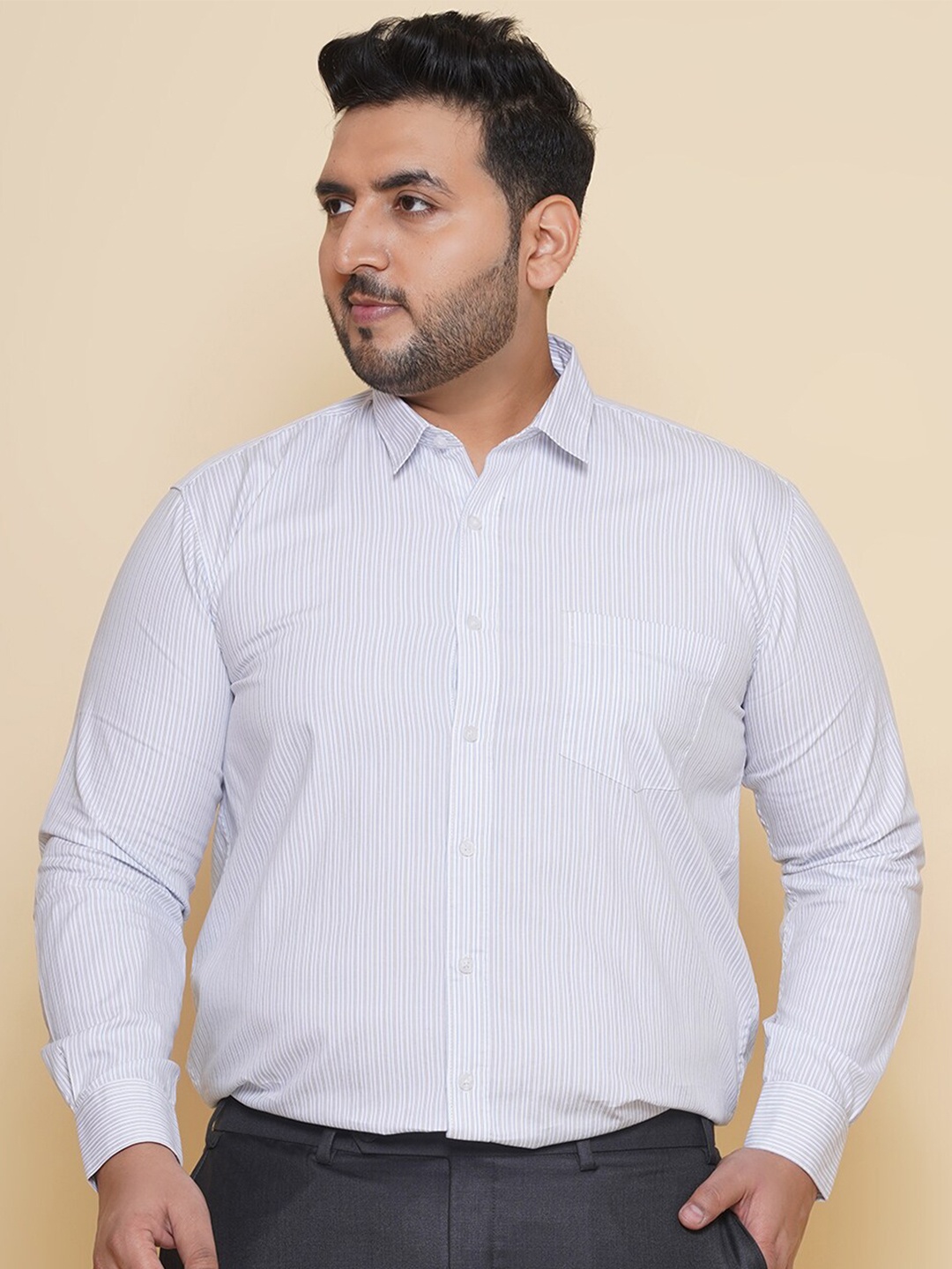 

John Pride Plus Size Vertical Striped Pure Cotton Shirt, White