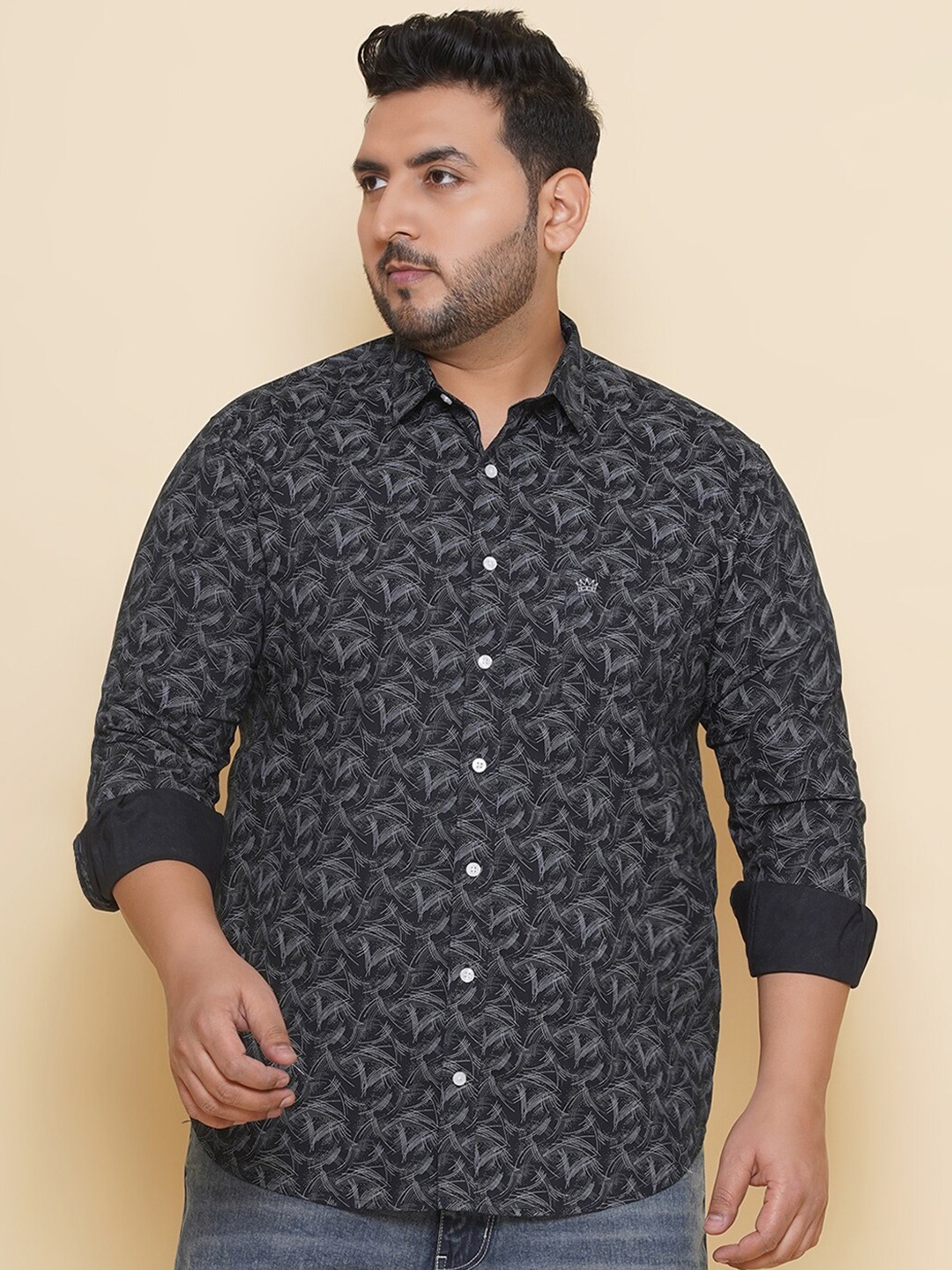 

John Pride Plus Size Abstract Printed Pure Cotton Casual Shirt, Black