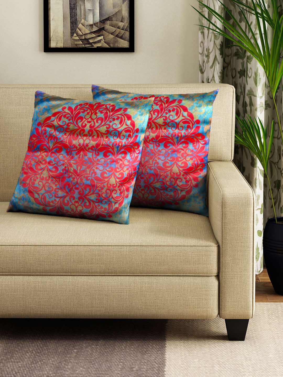 

HOUZZCODE Multicoloured Printed Set of 2 Square Cushion Covers, Blue