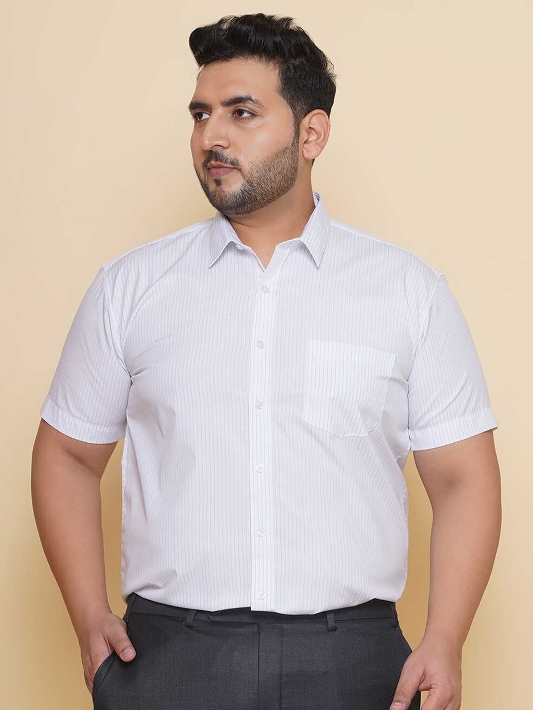 

John Pride Plus Size Striped Pure Cotton Casual Shirt, White