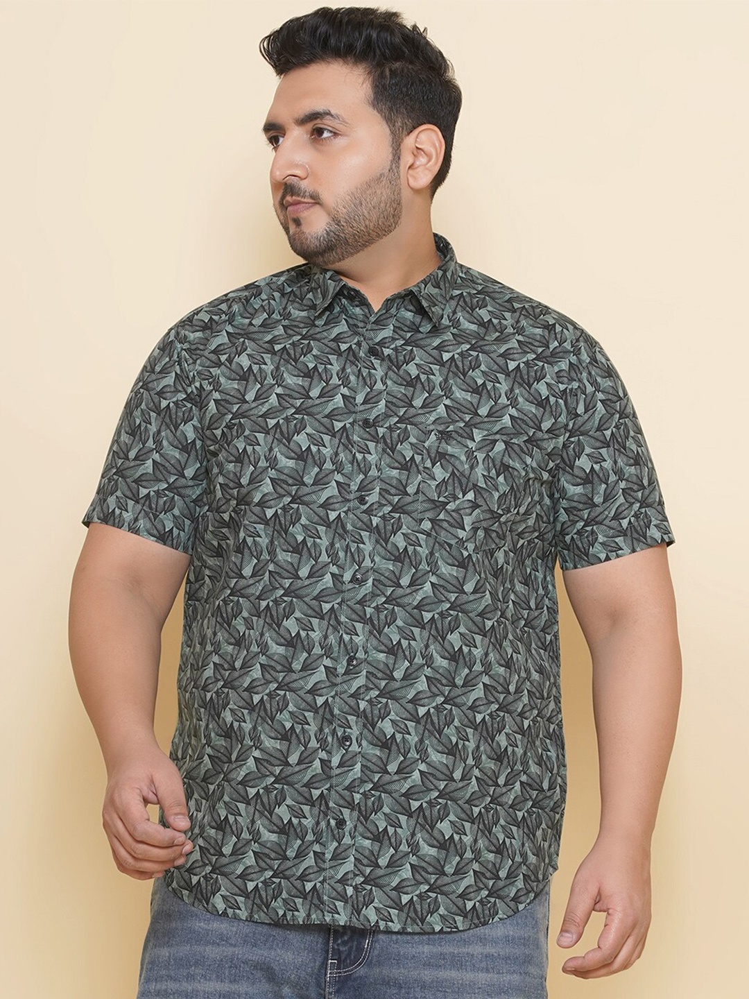 

John Pride Plus Size Floral Printed Pure Cotton Casual Shirt, Green