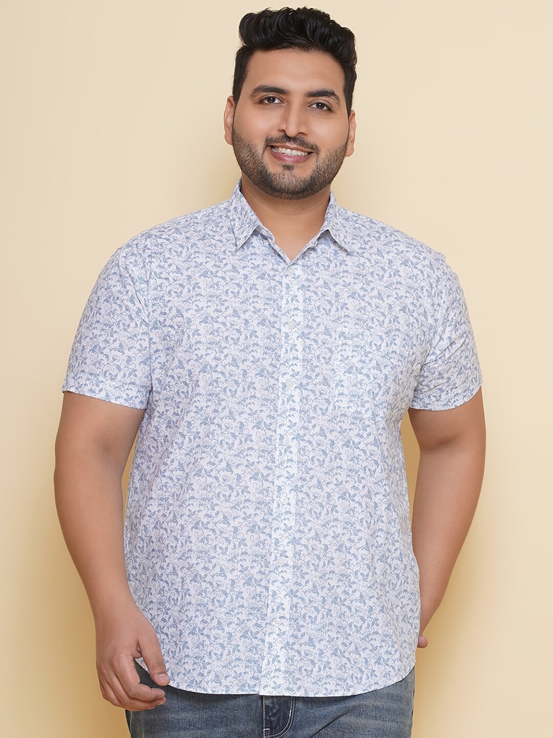 

John Pride Plus Size Floral Printed Pure Cotton Casual Shirt, Blue