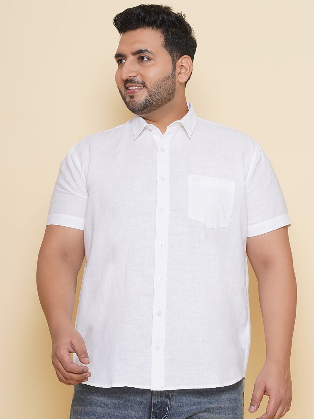 

John Pride Plus Size Spread Collar Linen Shirt, White