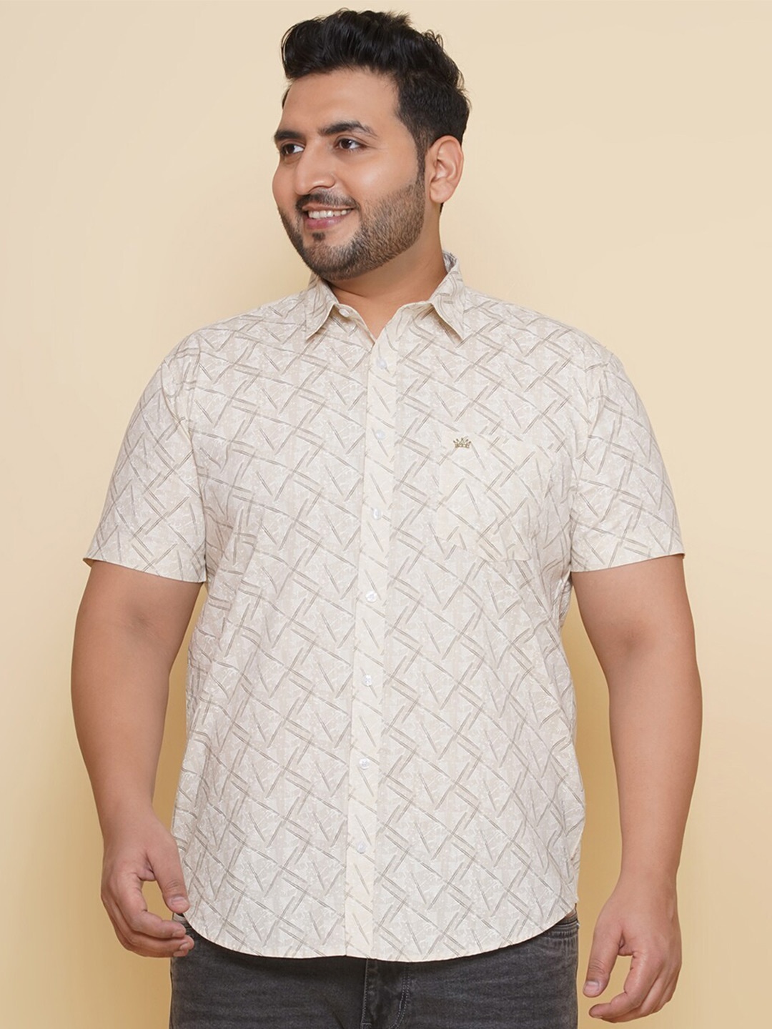 

John Pride Plus Size Geometric Printed Pure Cotton Casual Shirt, Beige