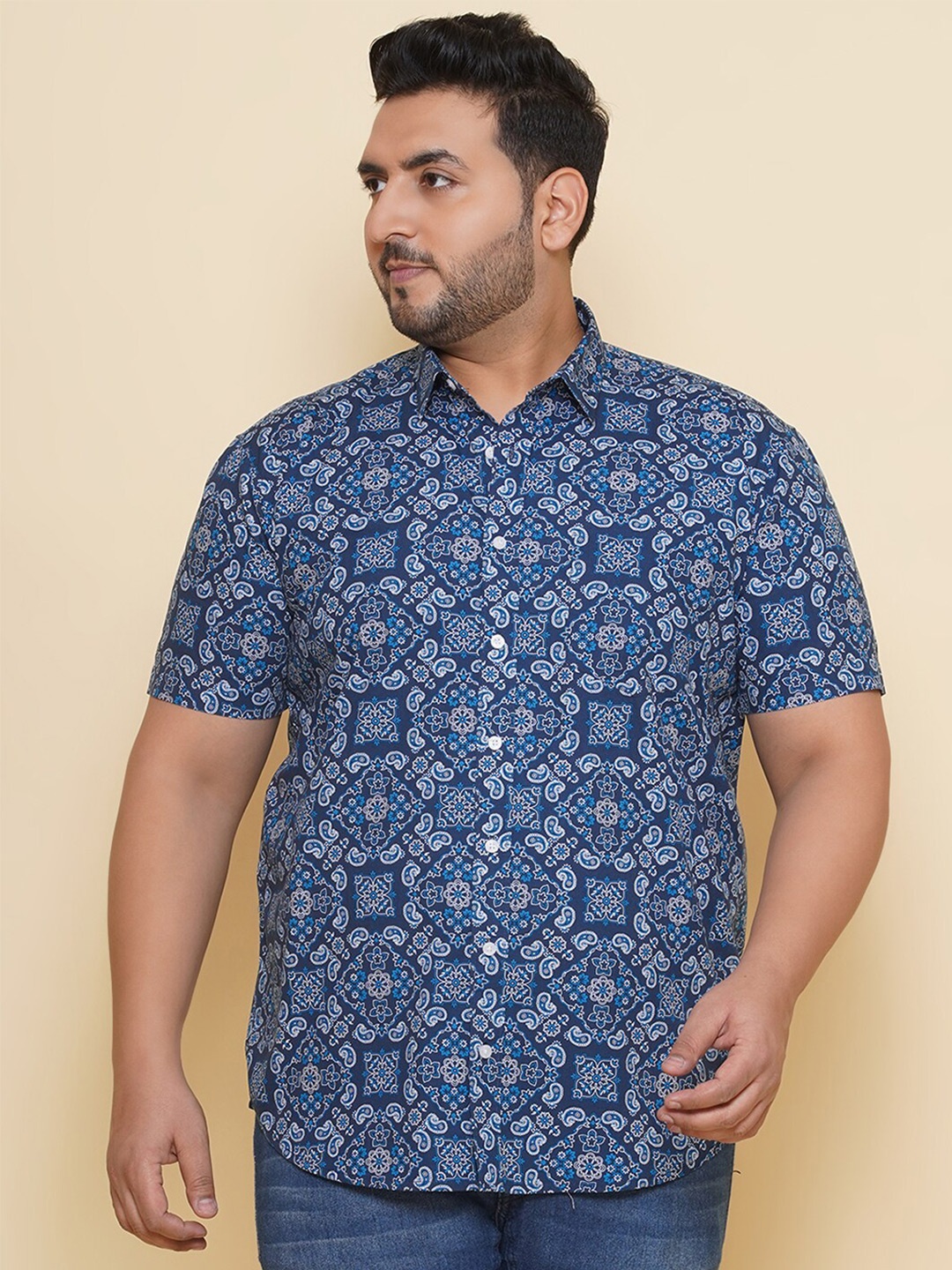 

John Pride Plus Size Ethnic Motifs Printed Pure Cotton Shirt, Blue