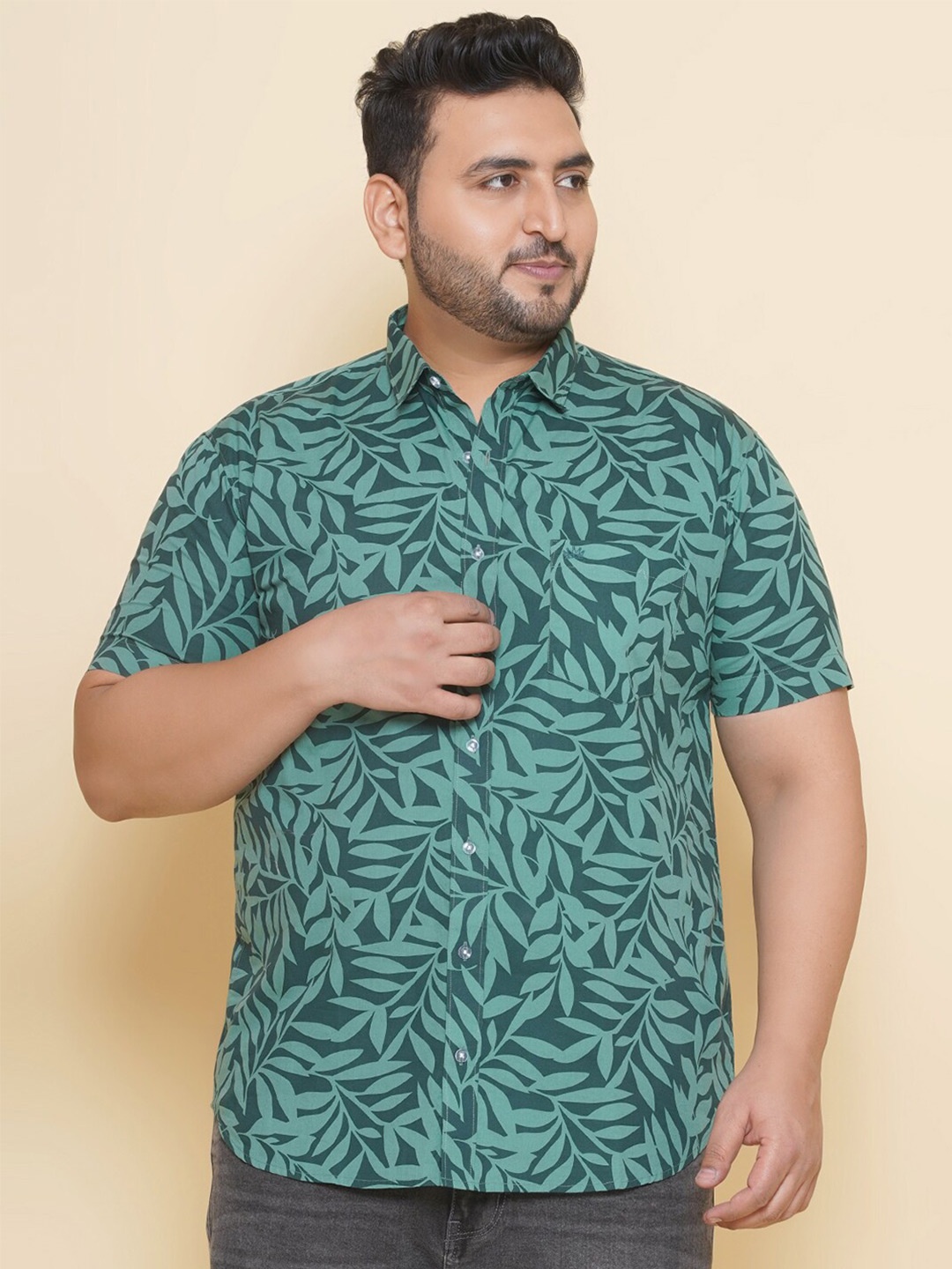 

John Pride Plus Size Floral Printed Pure Cotton Casual Shirt, Green