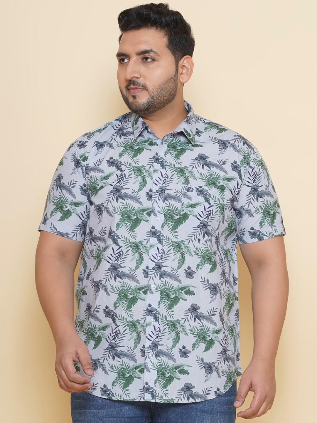 

John Pride Plus Size Floral Printed Pure Cotton Casual Shirt, Grey