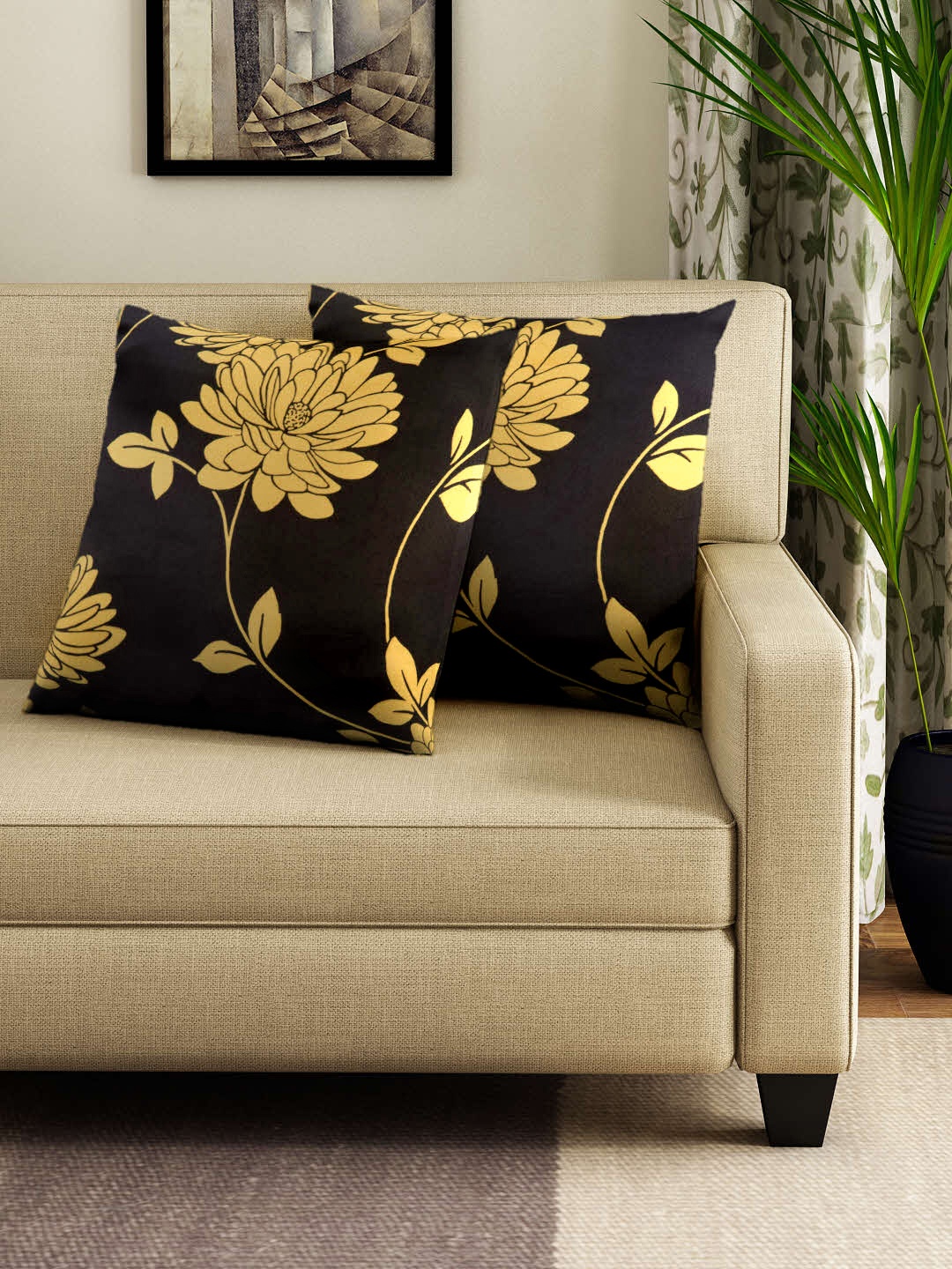 

HOUZZCODE Black & Yellow Printed Set of 2 Square Cushion Covers