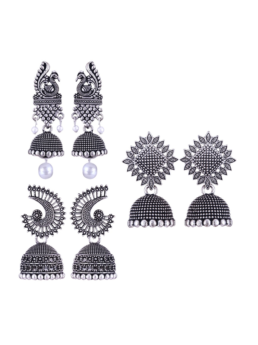 

MEENAZ Set Of 3 Silver-Plated Oxidised Peacock Shaped Jhumkas