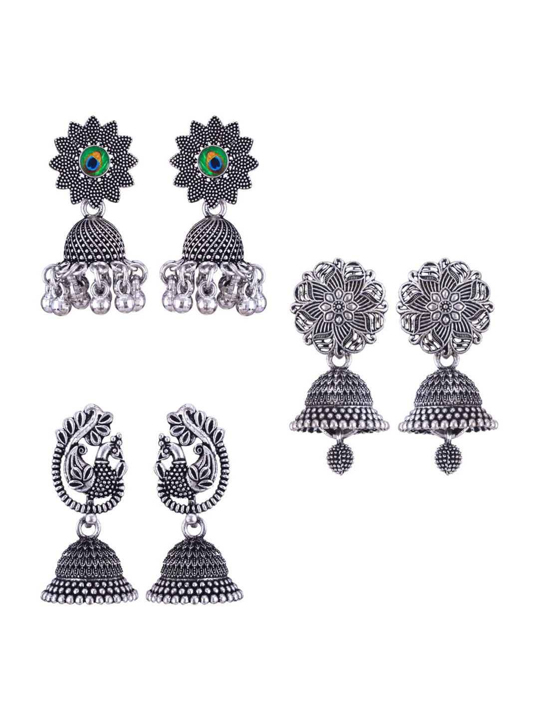 

MEENAZ Set Of 3 Silver-Plated Peacock Shaped Jhumkas