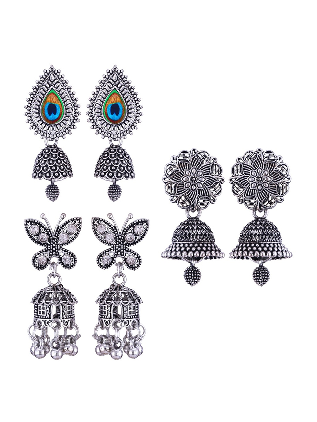 

MEENAZ Set Of 3 Silver Plated Peacock Shaped Oxidized Jhumkas