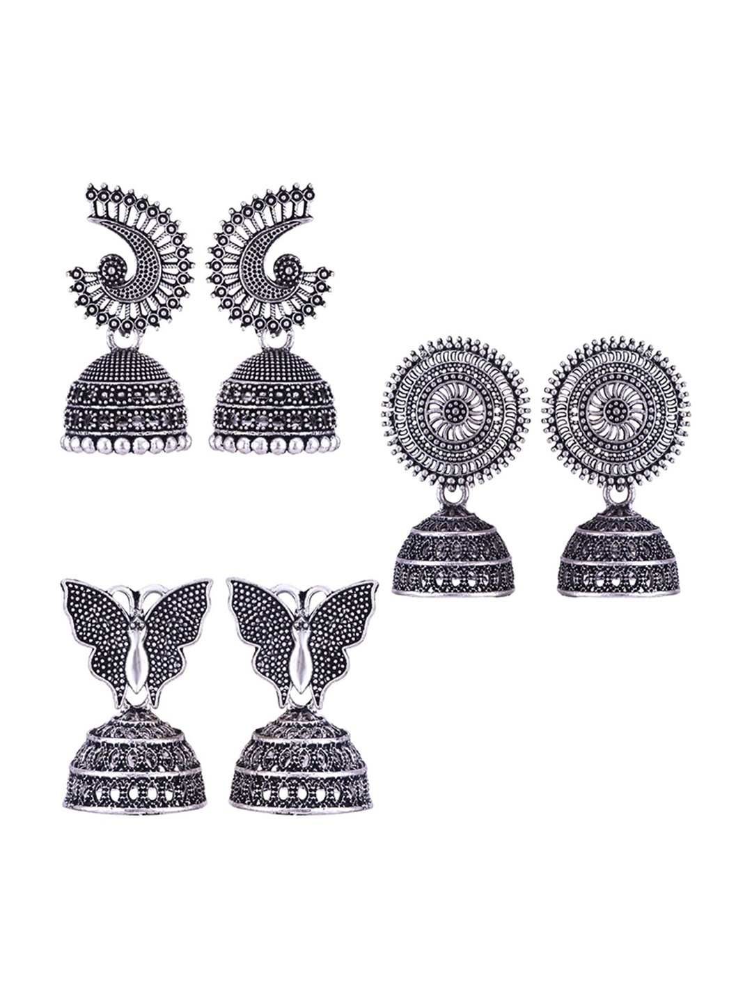 

MEENAZ Set Of 3 Silver-Plated Dome Shaped Jhumkas