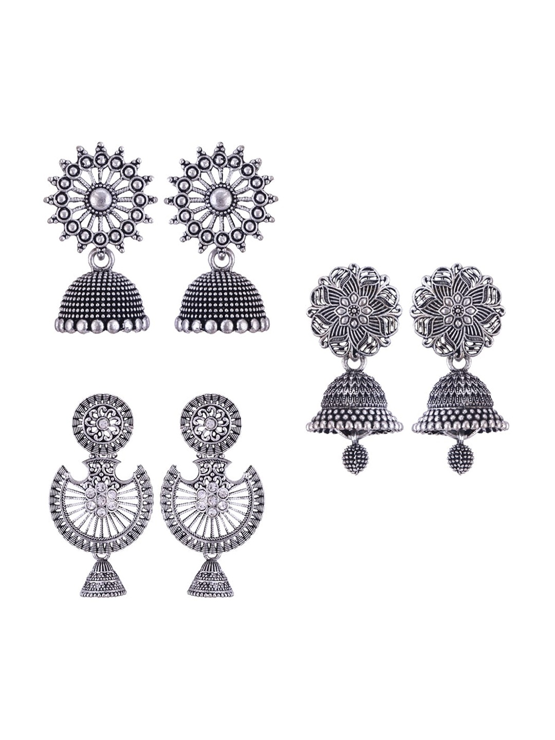 

MEENAZ Set Of 3 Silver-Plated Dome Shaped Jhumkas