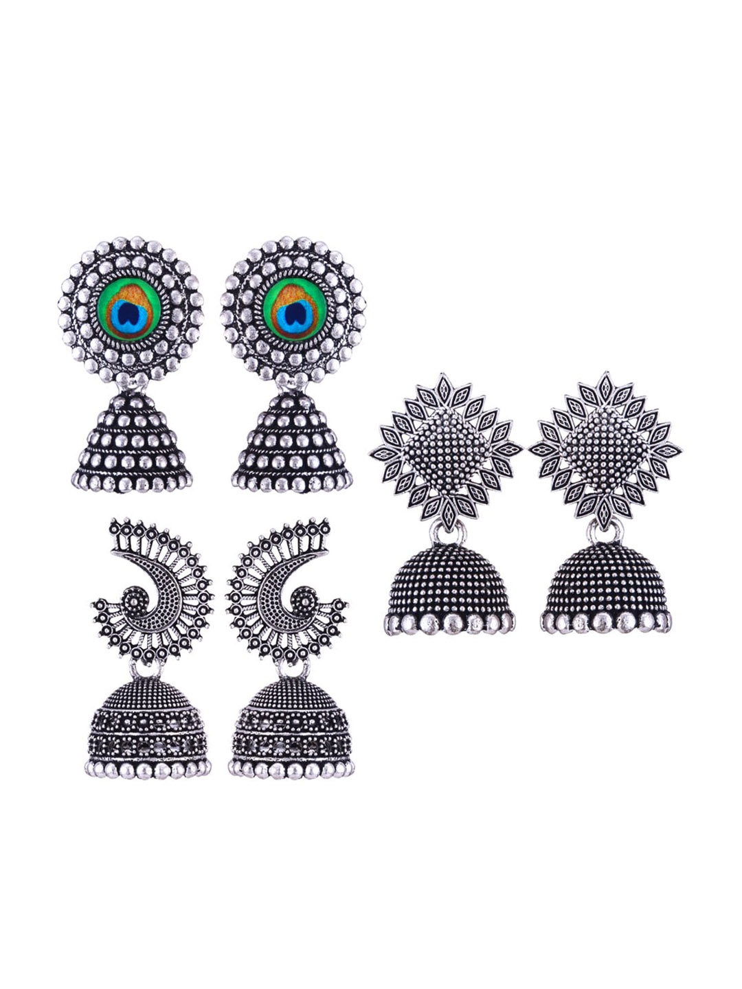 

MEENAZ Set Of 3 Stainless Steel Silver Plated Artificial Stones and Beads Studded Earrings