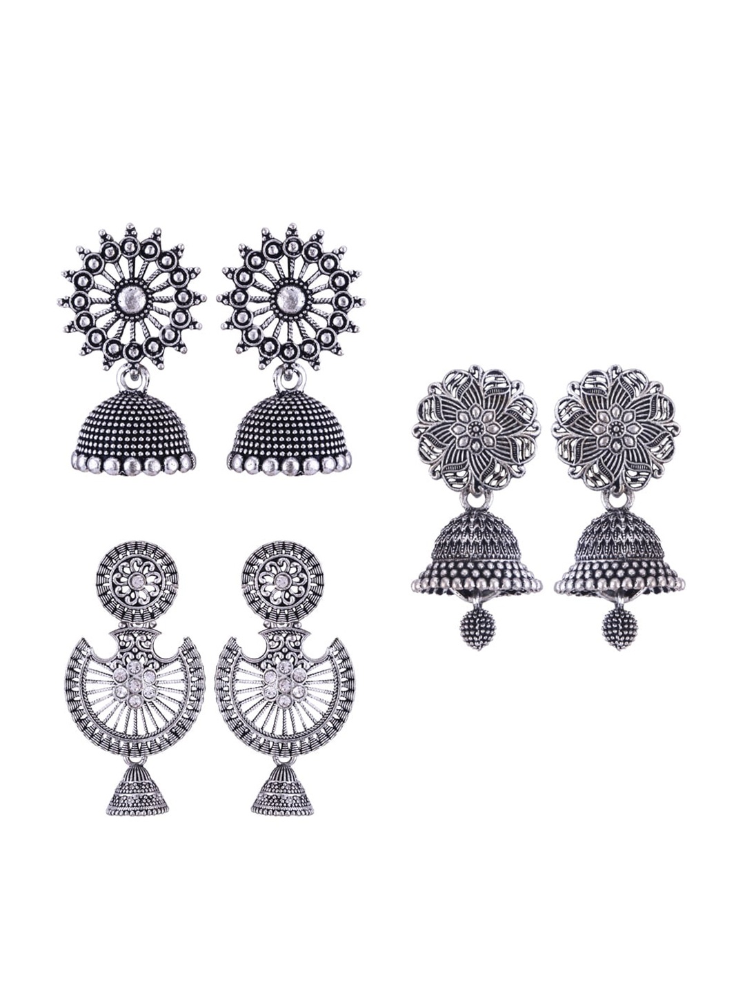 

MEENAZ Set Of 3 Silver-Plated Dome Shaped Jhumkas