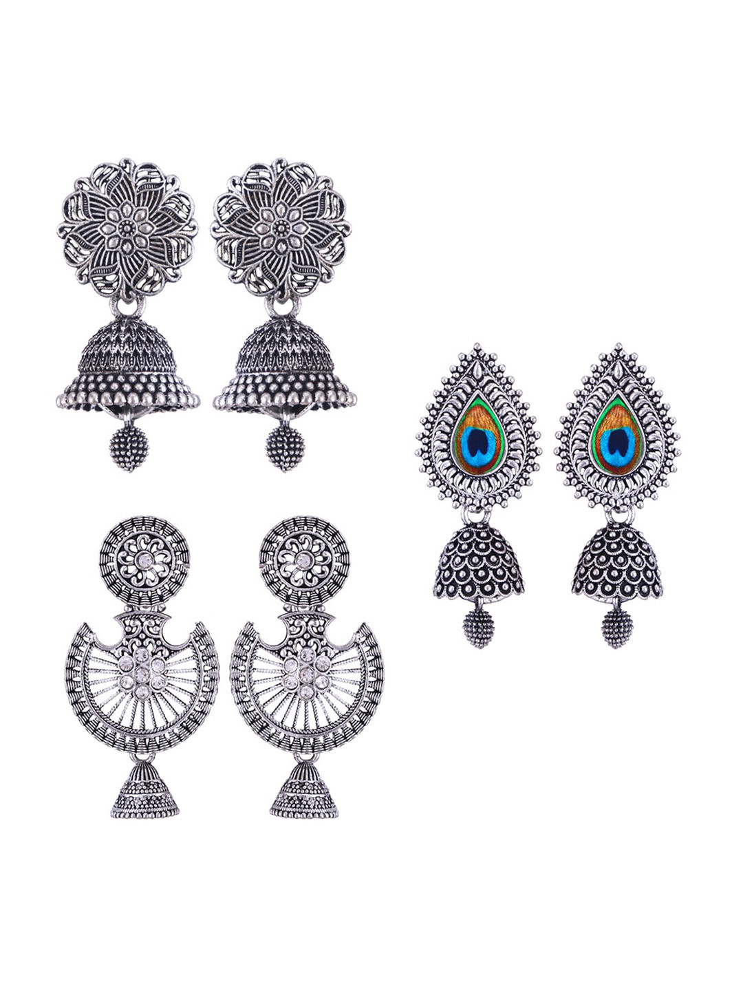 

MEENAZ Set Of 3 Silver-Plated Dome Shaped Stainless Steel Jhumkas