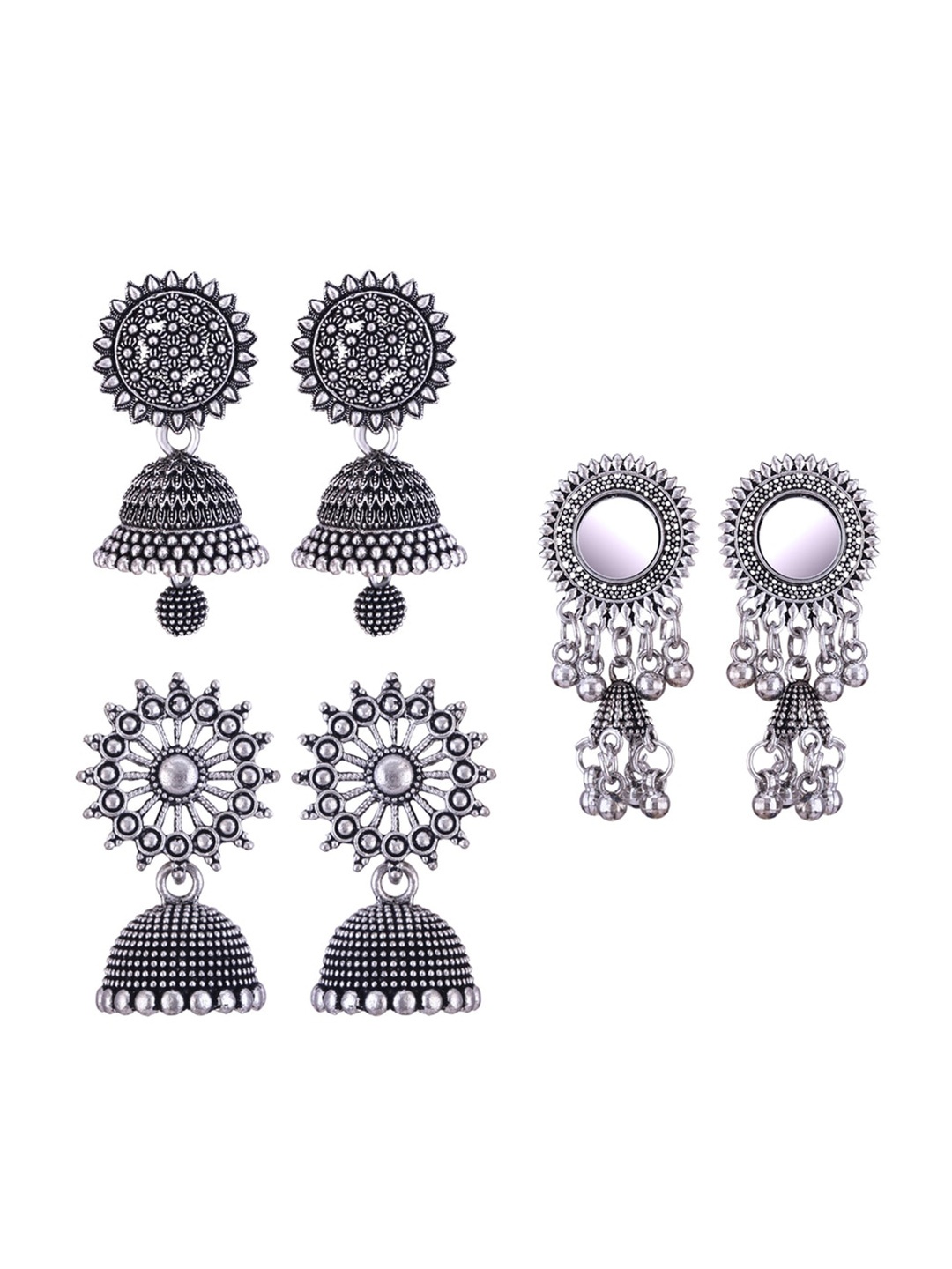 

MEENAZ Set Of 3 Silver-Plated Stainless Steel Peacock Shaped Jhumkas