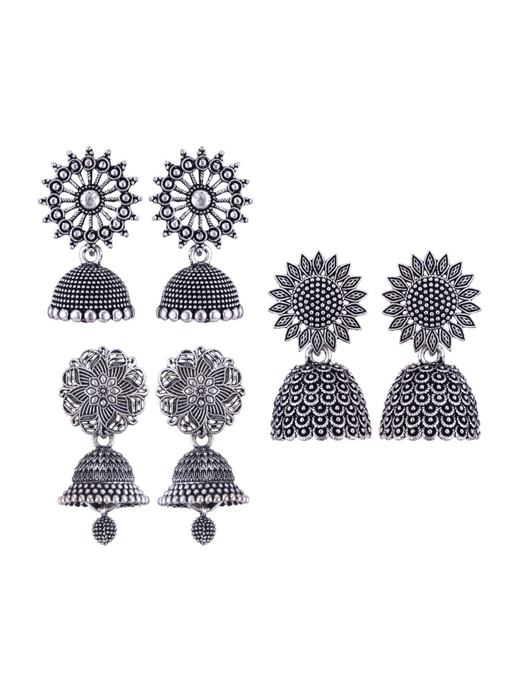 

MEENAZ Set of 3 Silver-Plated Dome Shaped Jhumkas Earrings