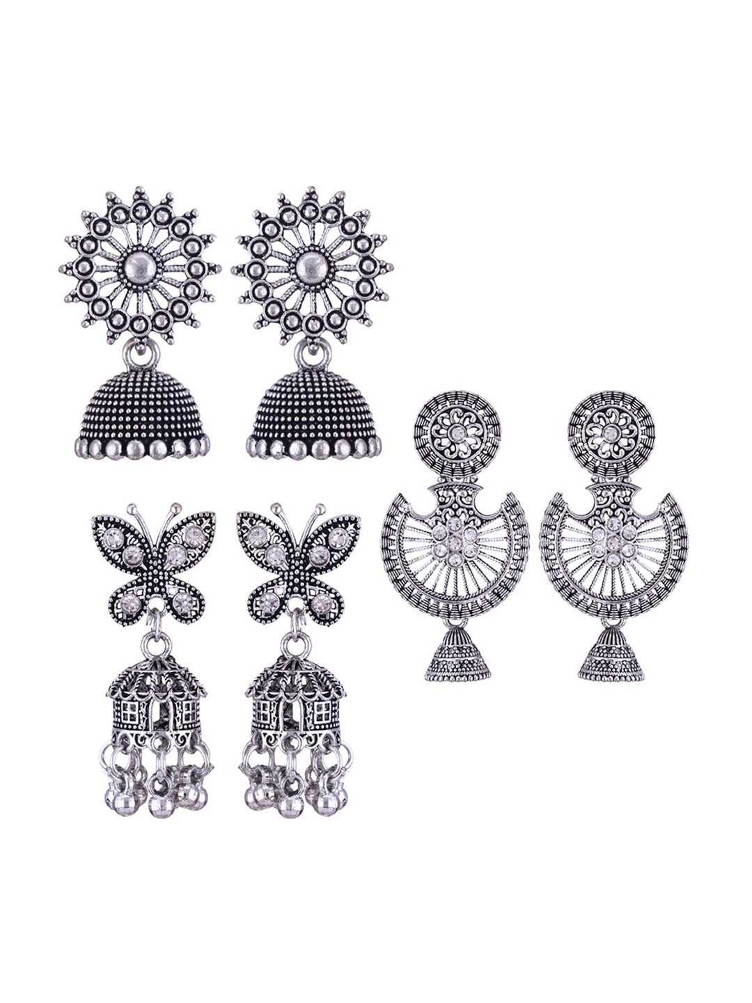 

MEENAZ Set of 3 Silver-Plated Dome Shaped Jhumkas Earrings