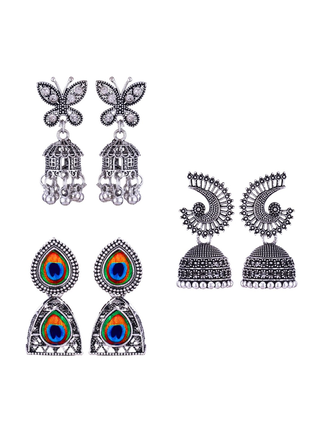 

MEENAZ Set Of 3 Silver-Plated Stainless Steel Studded & Beaded Peacock Shaped Jhumkas