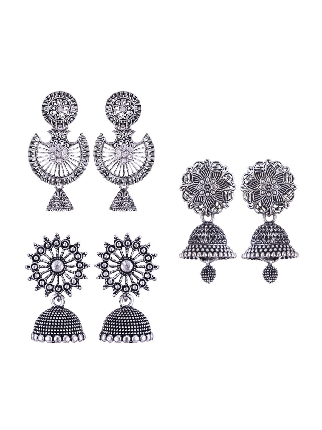 

MEENAZ Set Of 3 Silver-Plated Dome Shaped Stainless Steel Jhumkas