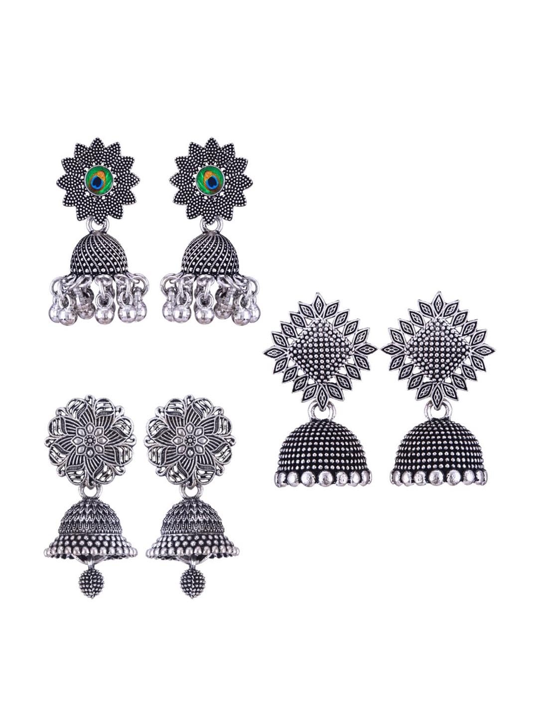 

MEENAZ Set Of 3 Silver-Plated Dome Shaped Jhumkas