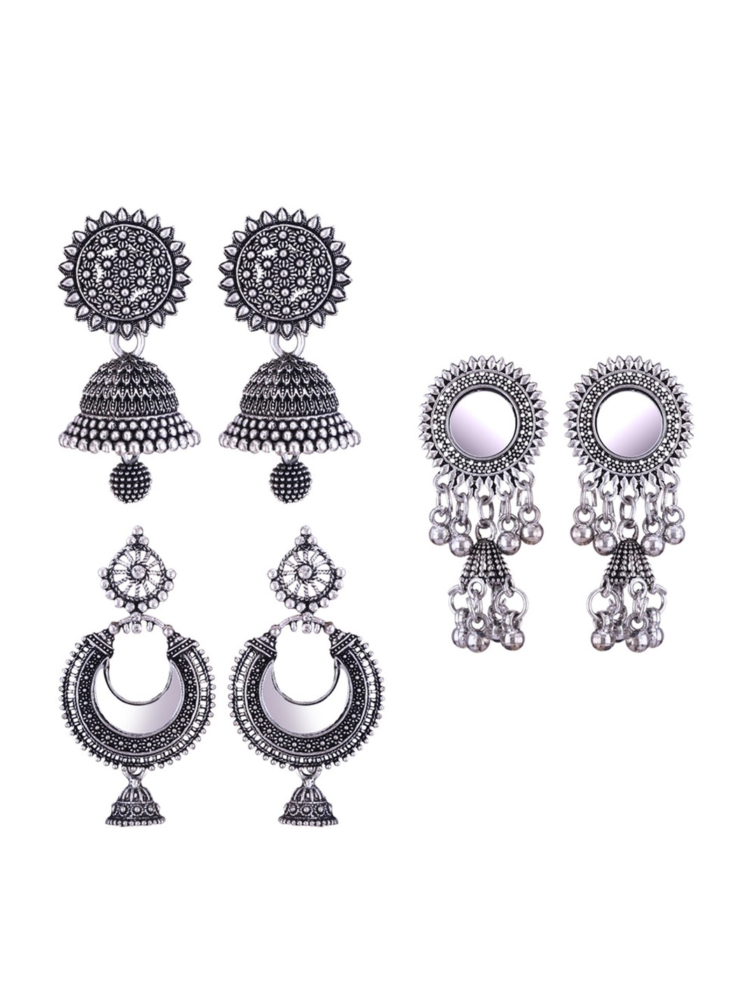 

MEENAZ Set Of 3 Silver-Plated Stone-Studded & Beaded Peacock Shaped Oxidised Jhumkas