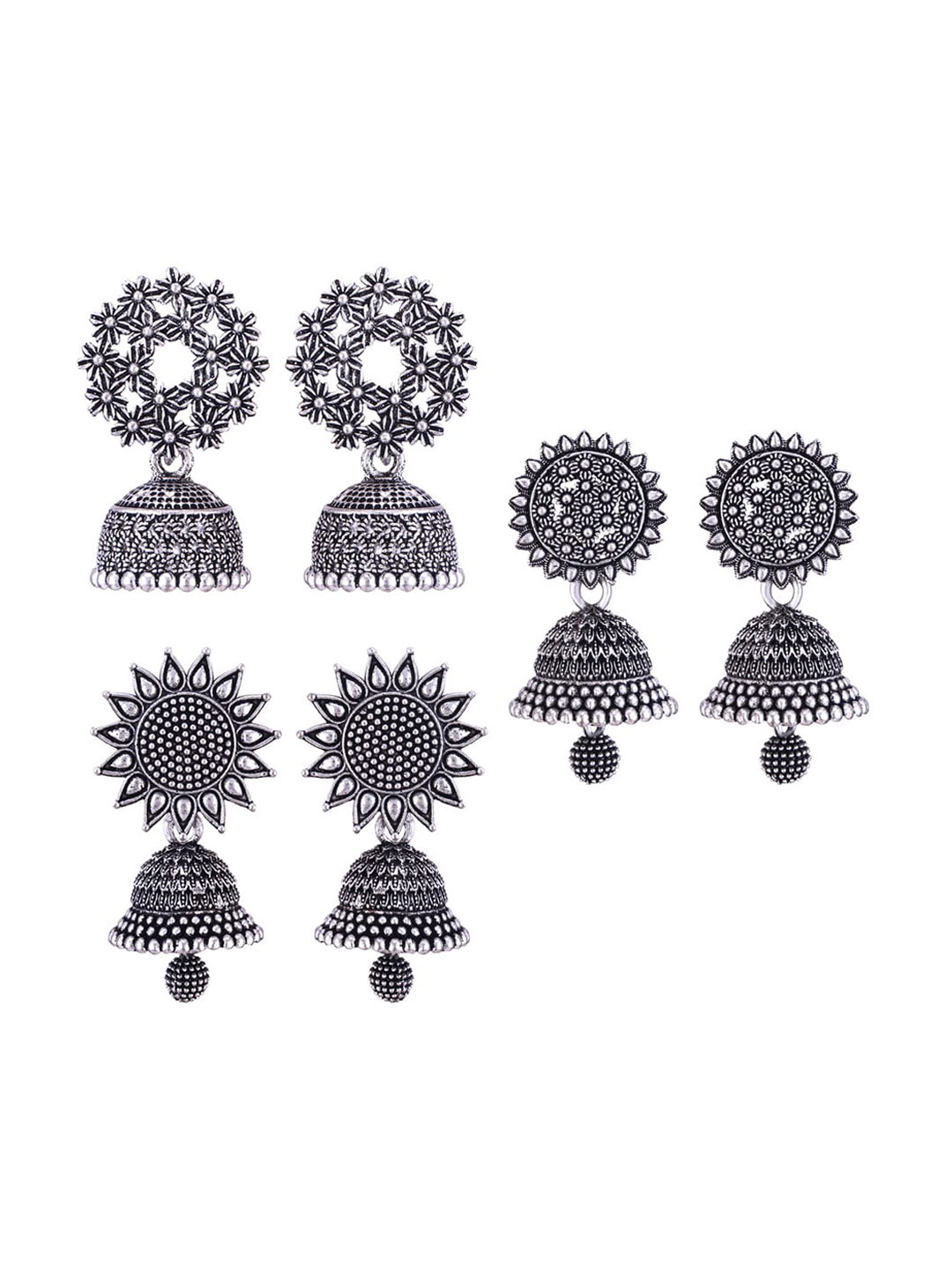 

MEENAZ Set of 3 Silver-Plated Dome Shaped Jhumkas Earrings